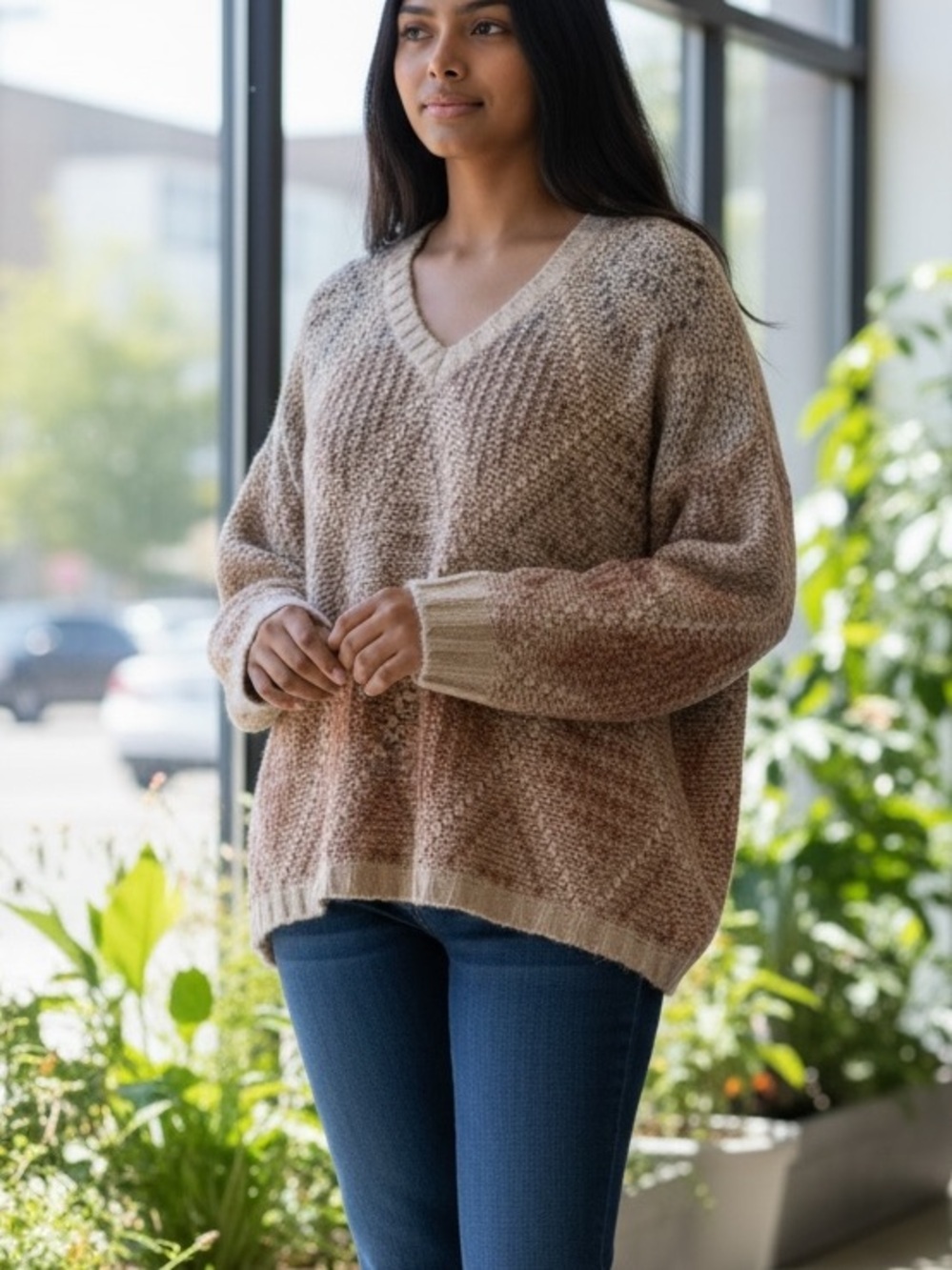 Common Threads Chunky Knit Sweater Neutral Geometric Boho Cozy V-Neck M/L